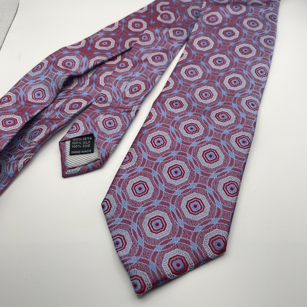 Bruno Marchesi Mens Silk Geometric Pattern Necktie Burgundy Blue Hand Made
